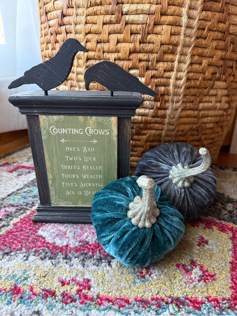 Counting Crows Sign & Velvet Decorative Pumpkins with Glitter Stems Halloween